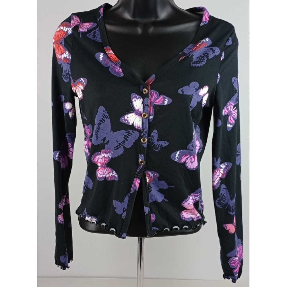 Liz & Sara Womens L Black Purple Butterfly Button Up Cropped Long Sleeve Shirt